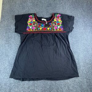 YZXDORWJ Mexican Peasant Blouse Top Womens XL Black Floral Embroidered Cotton